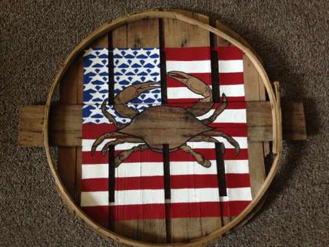 American Flag Background W/ Natural Wood Crab in Center
