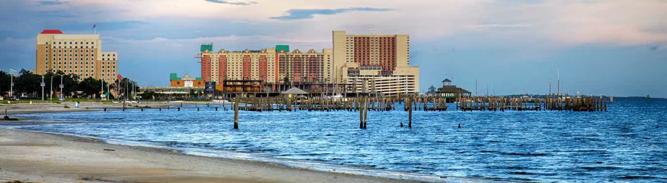 Casinos and buildings along Gulf Coast shore in Biloxi, Mississippi