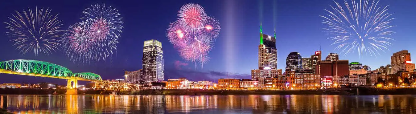 Nashville, Tennessee skyline with fireworks
