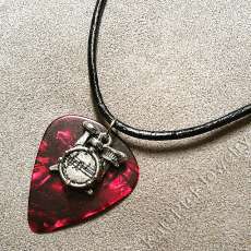 Drum Charm on Red Pearl Genuine Guitar Pick Necklace