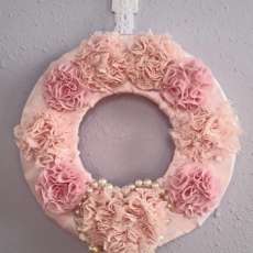 Handmade Pink Fabric Floral Wreath with Pearl Accents Shabby Chic Cottage Victorian Style