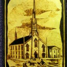 Old tIme Church, wood burned on birch plywood  9x12
