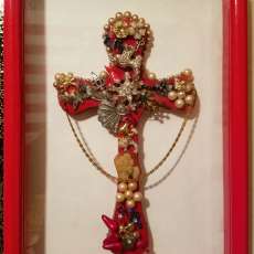 Red Wooden Cross embellished with vintage jewelry