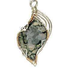 Translucent Green Moss Agate Pendant Wrapped in Sterling Silver Wire