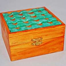 Turquoise woven glass Trinket Box in Honey Colored wood