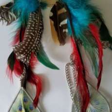 Long Faux Feather and Silver Dangle Earrings Almost 14 Ins. Hook Red Blue Silver