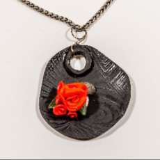 Metal clay fired blackened  bronze with polymer clay roses necklace
