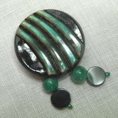 Vintage button brooch Art Deco style black green with beads