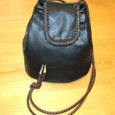 Black Leather Drawstring Tote with Black & Brown Braid Shoulder Bag