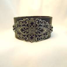 1.25 inch Black Leather Cuff Bracelet with Silver Filigree Plate