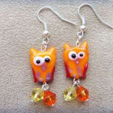 Orange Lampwork Owl Earrings with Orange and Yellow Dangles