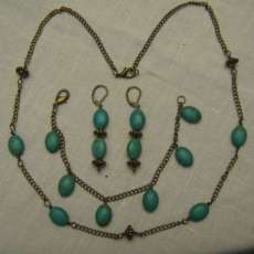 Brass and turquoise magnesite necklace, bracelet & earrings set