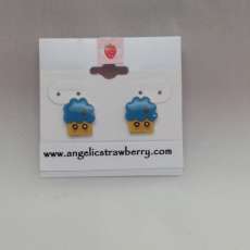 Blue Tuft Frosting with Little Strawberry Cupcake Earrings -OOAK shrink film cute muffin inspired ka