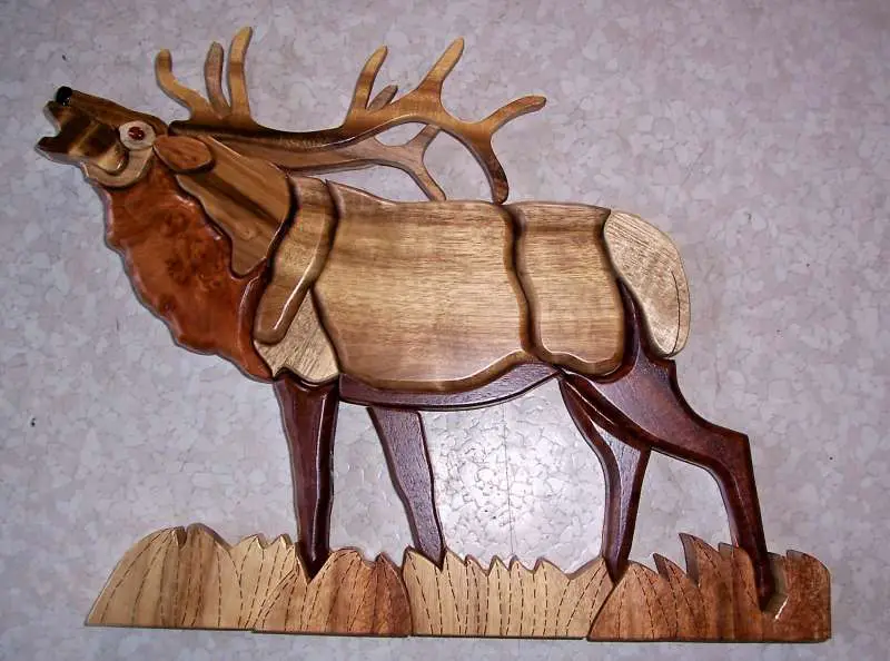 Myrtlewood Intarsia Elk wall hanging Ron's Corner, Handmade Inlay