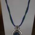 Ladies Necklace/blue/green glass beads with multi colored pendant