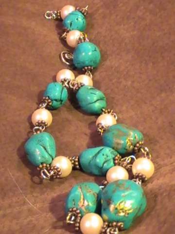 Turquoise and vintage pearls on copper