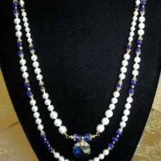 Renaissance Double Row White Pearl and Indigo Necklace
