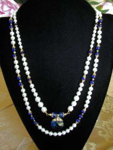 Renaissance Double Row White Pearl and Indigo Necklace