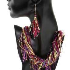 Maroon & Gold Fiber Necklace is made with cotton,metallic,eyelash yarn, and 3 interesting novelty yarns