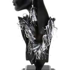 Very full black & white Fiber Necklace with multiple novelty yarns