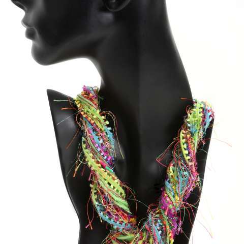 This twisted Fiber Necklace highlights lime and purple colors and multiple textures