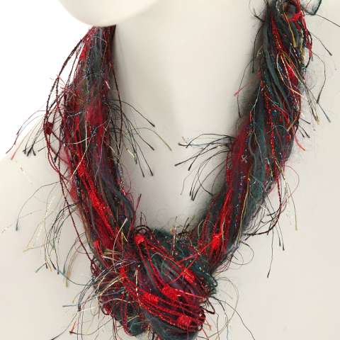Red & Green highlighted colors in this multi textured Fiber Necklace