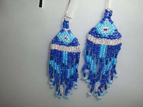 blue & silver bugle and seed bead earrings