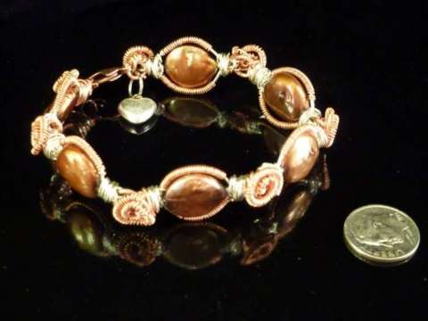Coiled Copper, Sterling Silver and Coin Pearl Bracelet
