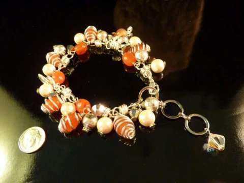 Coiled Silver Wire and Carnelian Charm Bracelet
