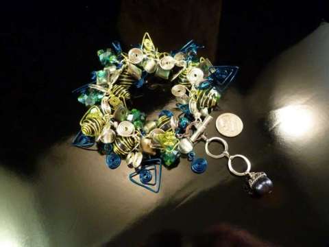 Coiled Silver, Green and Blue Wire Charm Bracelet