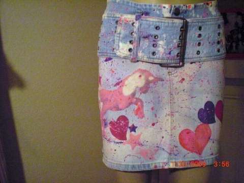 Custom made bleached and revamped denim mini skirt