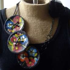 Wood floral and fabric flower necklace