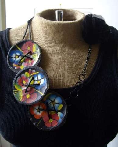 Wood floral and fabric flower necklace