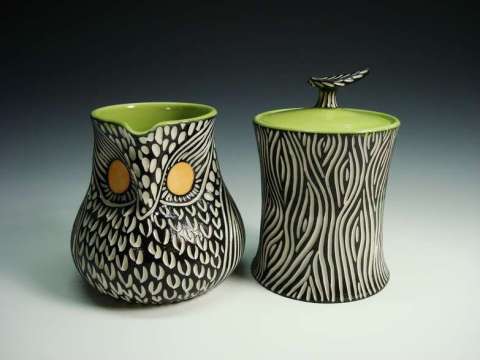 Owl and Stump, creamer and sugar jar
