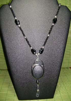 Onyx Glass Beads with Silver Accents and Spool Reel Lanyard Holder