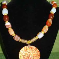 Amber and Agate Glass Beads and Ceramic Pendant Necklace