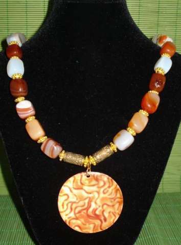 Amber and Agate Glass Beads and Ceramic Pendant Necklace