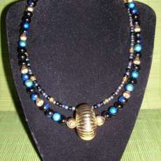 Opaque Black Tinted Blue Beads with Silver Conch Necklace