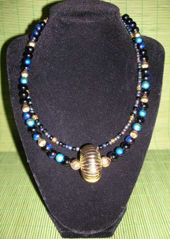Opaque Black Tinted Blue Beads with Silver Conch Necklace