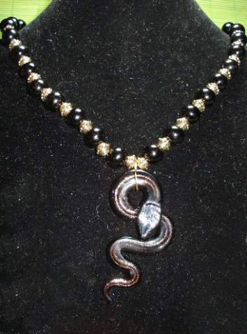 Black Glass Snake Pendant with Gold Paint Accents