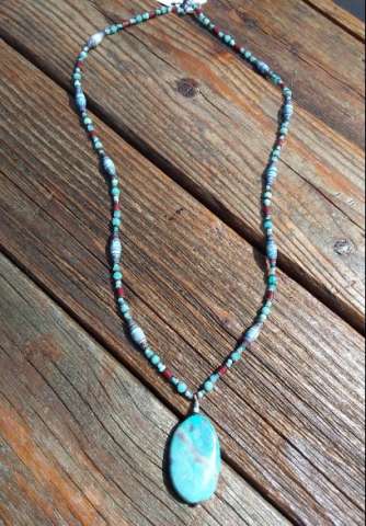 Paper Bead Necklace With Agate Pendant