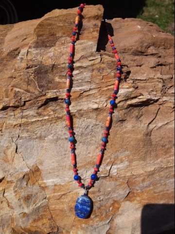 Paper Bead Necklace With Lapis Pendant