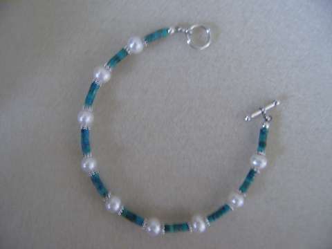 Heishi Turquoise with Cream Potato Pearls and Sterling Silver Bracelet