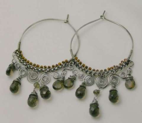 Wire Wrapped Sterling Hoops with Smoky Quartz Brios