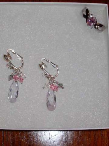 Pink/Grey/Clear Crystal Earrings with Matching Ring