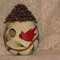 Handpainted Cardinal On Gourd With Pinecone Roof