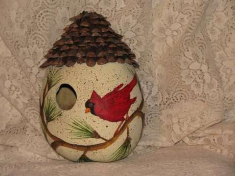 Handpainted Cardinal On Gourd With Pinecone Roof