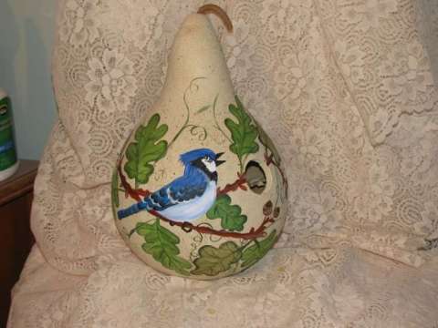 Handpainted Gourd Birdhouse With Blue Jay