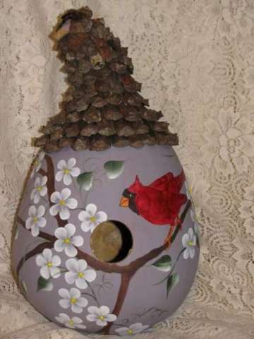 Gourd Birdhouse With Pinecone Roof and Handpainted Cardinal