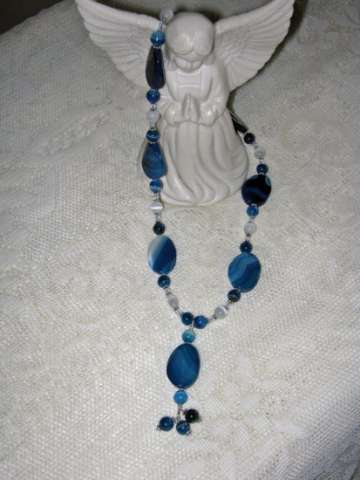 Blue Agate and Sterling Silver with White cat's eye beads.